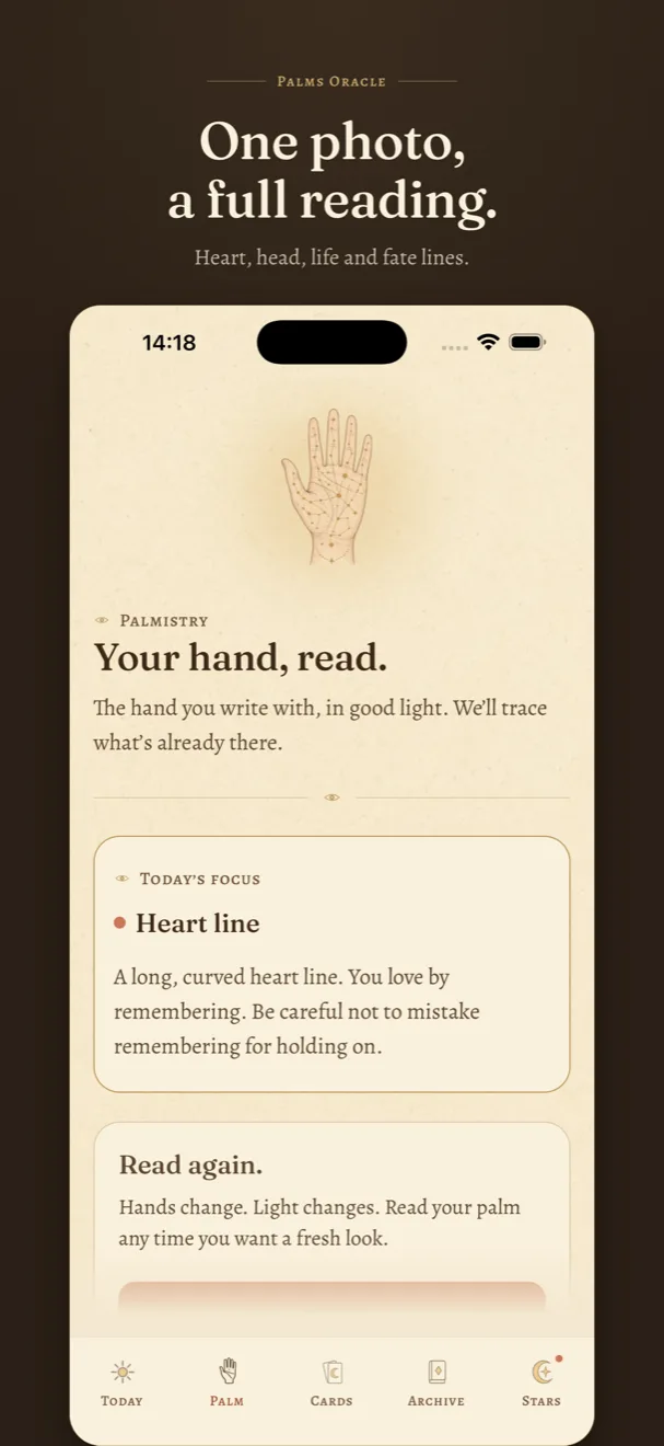 One photo, a full reading. Heart, head, life, and fate lines.