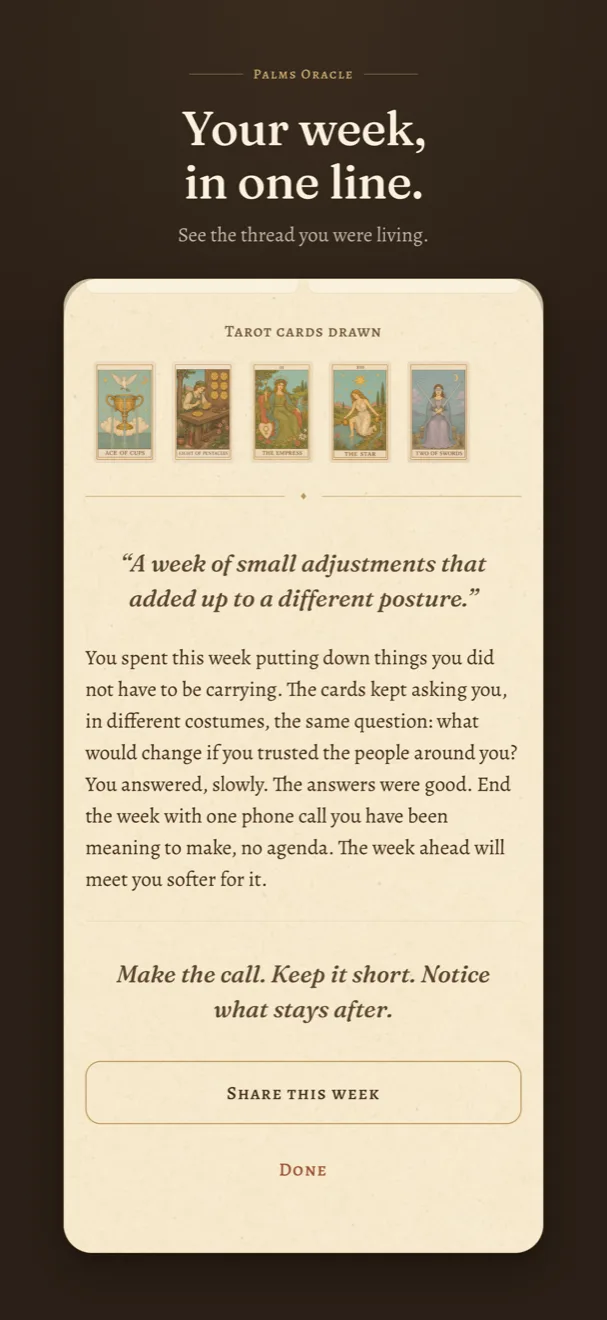 The weekly Wrapped: five tarot cards drawn that week above a written recap, ending with a single line of advice.